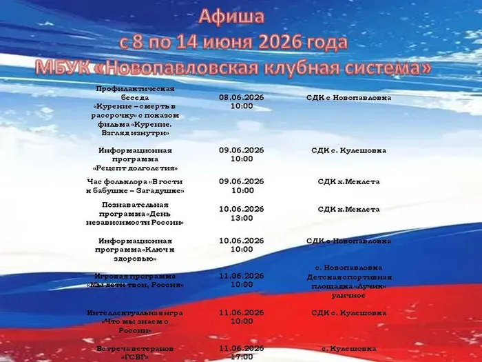 план работы с 8 по 14 июня